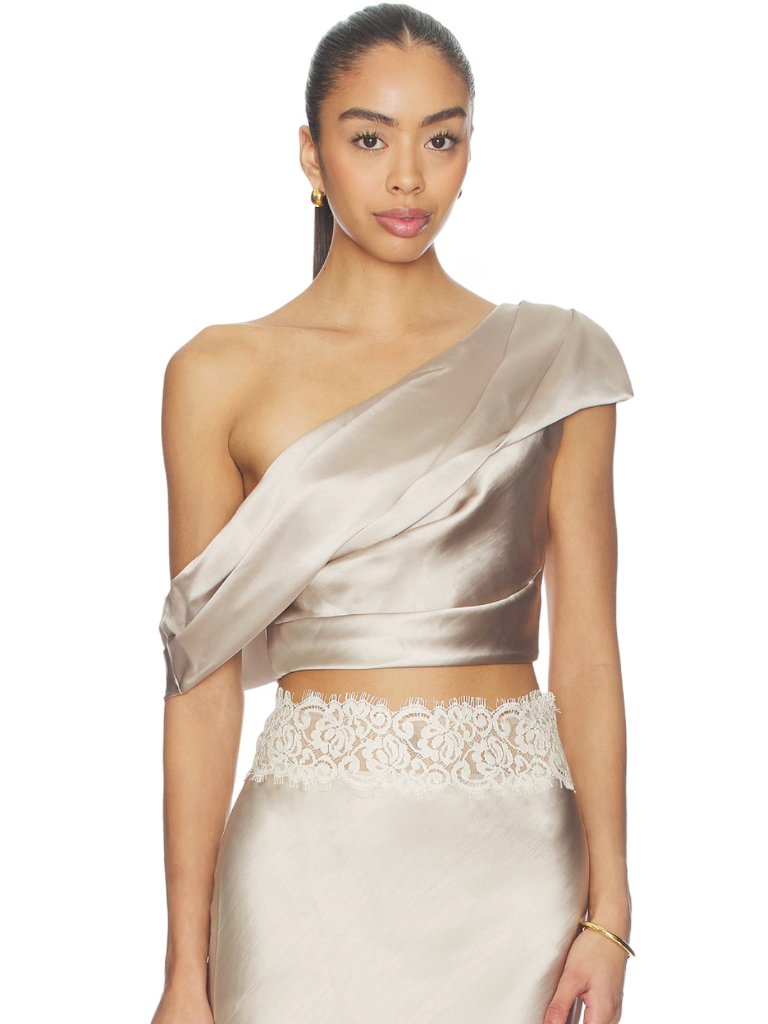 Arcina Ori Anaya Crop Top In Oyster Silver Beige Satin Off Shoulder Xs